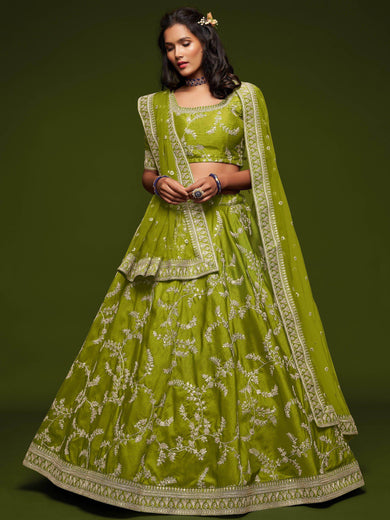 Neon Green Thread Embroidery Art Silk Wedding Wear Lehenga Choli